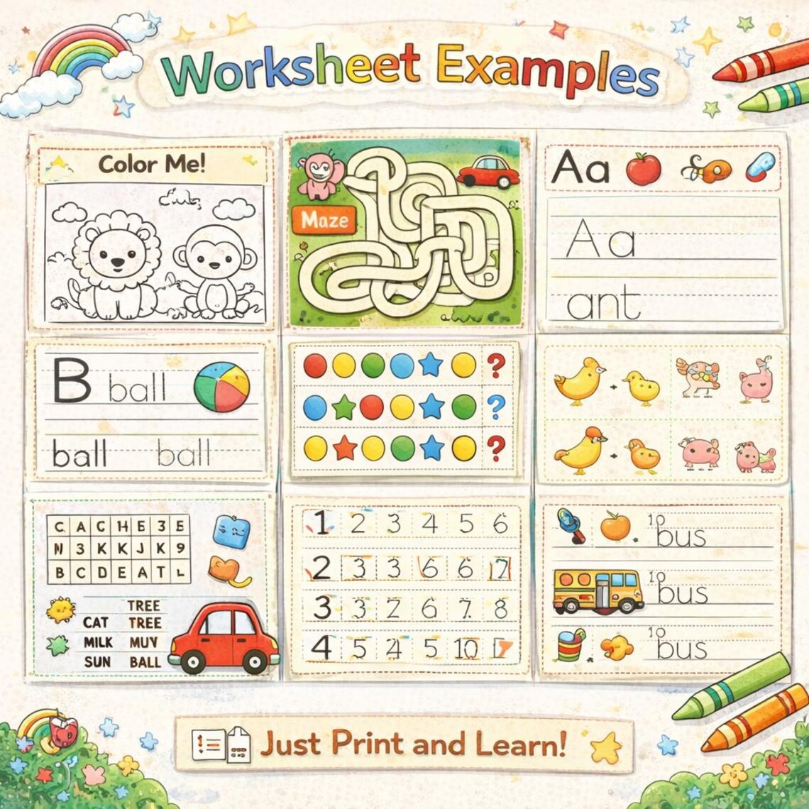 12K+ Kids Printable Worksheets | Preschool Activity Pages | Coloring, Maze, Matching, Word Search, Writing Practice - Image 2