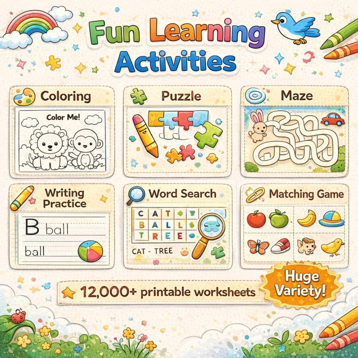 12K+ Kids Printable Worksheets | Preschool Activity Pages | Coloring, Maze, Matching, Word Search, Writing Practice - Image 3