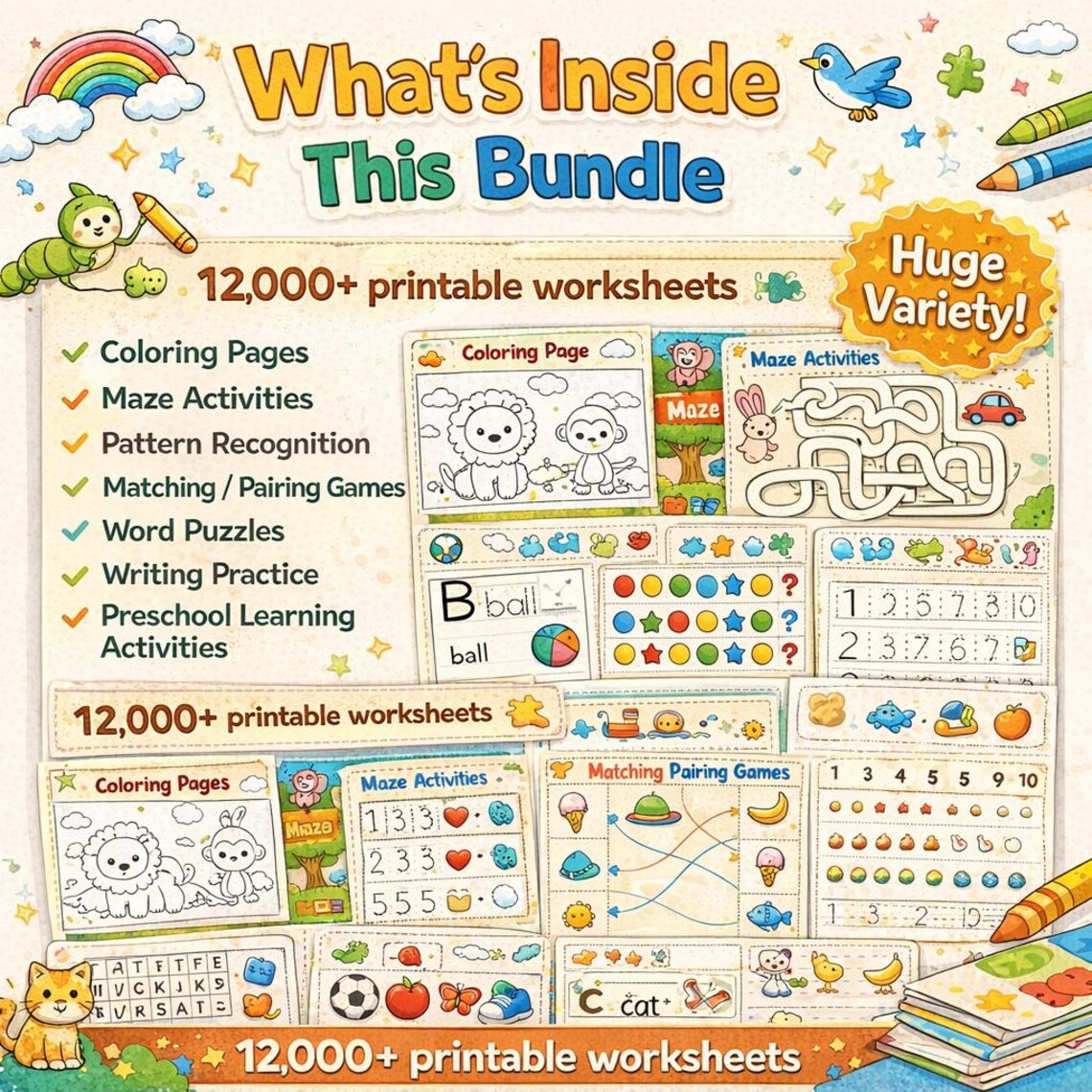 12K+ Kids Printable Worksheets | Preschool Activity Pages | Coloring, Maze, Matching, Word Search, Writing Practice - Image 4